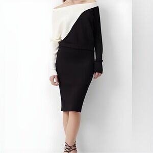 Express Two-Tone Black and Cream Off-Shoulder Long Sleeve Dress